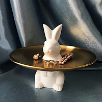 Керамическая подставка для десертов с золотым блюдом Пасхальный кролик 20 см