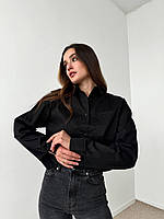 Женская котонновая укороченная классическая,деловая белая,черная оверсайз рубашка,размер универсальный 40-46 Черный
