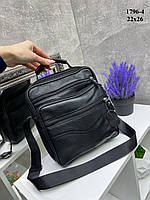 АКЦІЯ! Натуральна шкіра. Чорна вмістка та практична чоловіча сумка з регулюючим довгим ремінем - 22х26 см (1796-4)