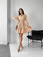 Стильное женское нарядное базовое платье с пышной юбкой супер софт лучшее качество с длинным рукавом VS 46/48, Бежевый