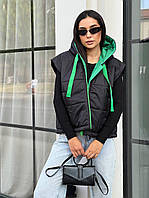 Базовая женская теплая стильная укороченная жилетка весенняя безрукавка с карманами плащевка оверсайз 42-48 VS