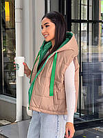 Базовая женская теплая стильная укороченная жилетка весенняя безрукавка с карманами плащевка оверсайз 42-48 VS Бежевый