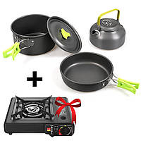 Набір посуду для туризму + Подарунок Плита газова BDZ-155-A / Посуд для кемпінгу (каструля, пательня, чайник)