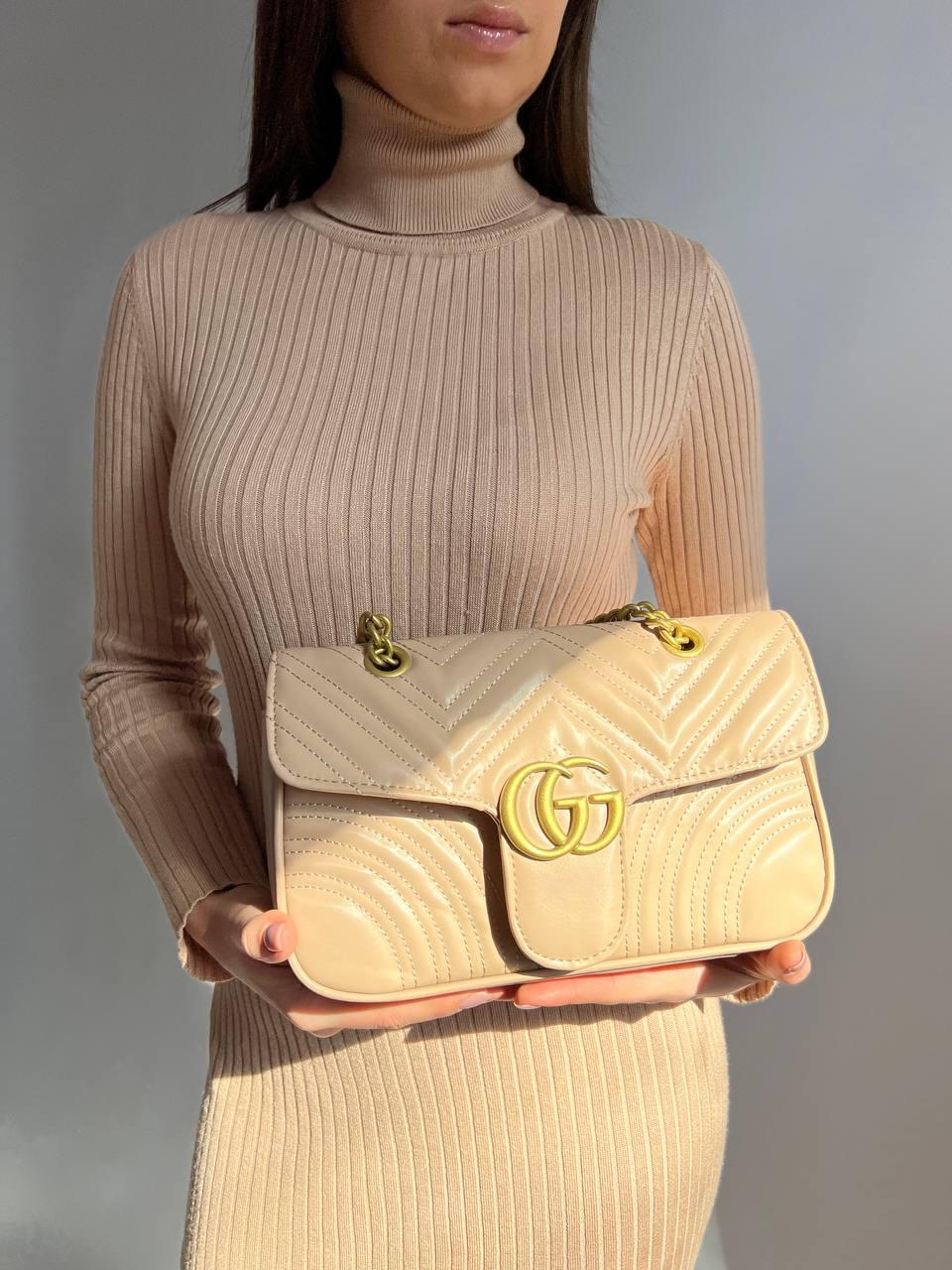 Жіноча сумка з еко-шкіри Gucci Marmont Big Гуччі кремова молодіжна, брендова сумка через плече