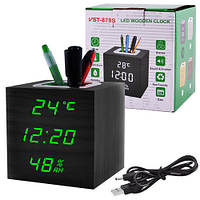 Часы электронные VST-878 S-4 черный корпус с зелеными цифрами. Температура, дата, будильник, влажность.