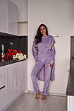 Лавандовий жіночий домашній велюровий костюм-піжама-трійка: штани, халат, футболка, фото 2