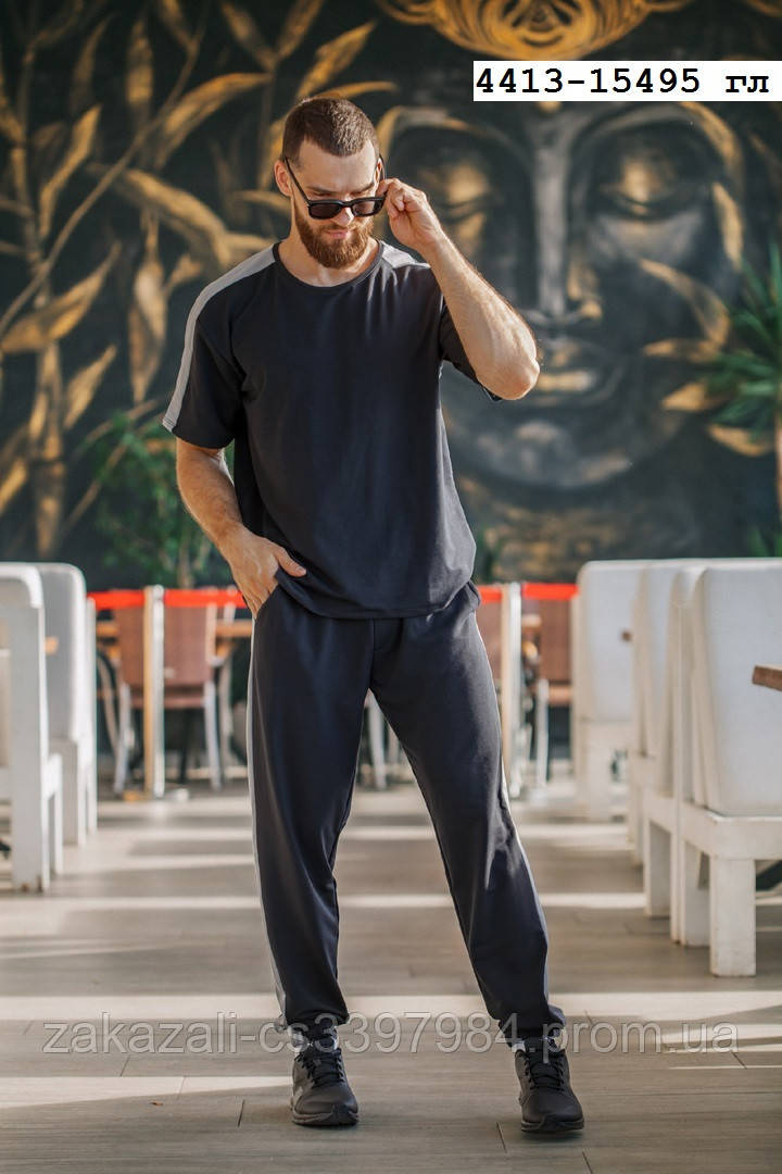 Чоловічий костюм літній, двонитка | Міський прогулянковий Комплект футболка та штани оверсайз | Норма та батал, фото 1