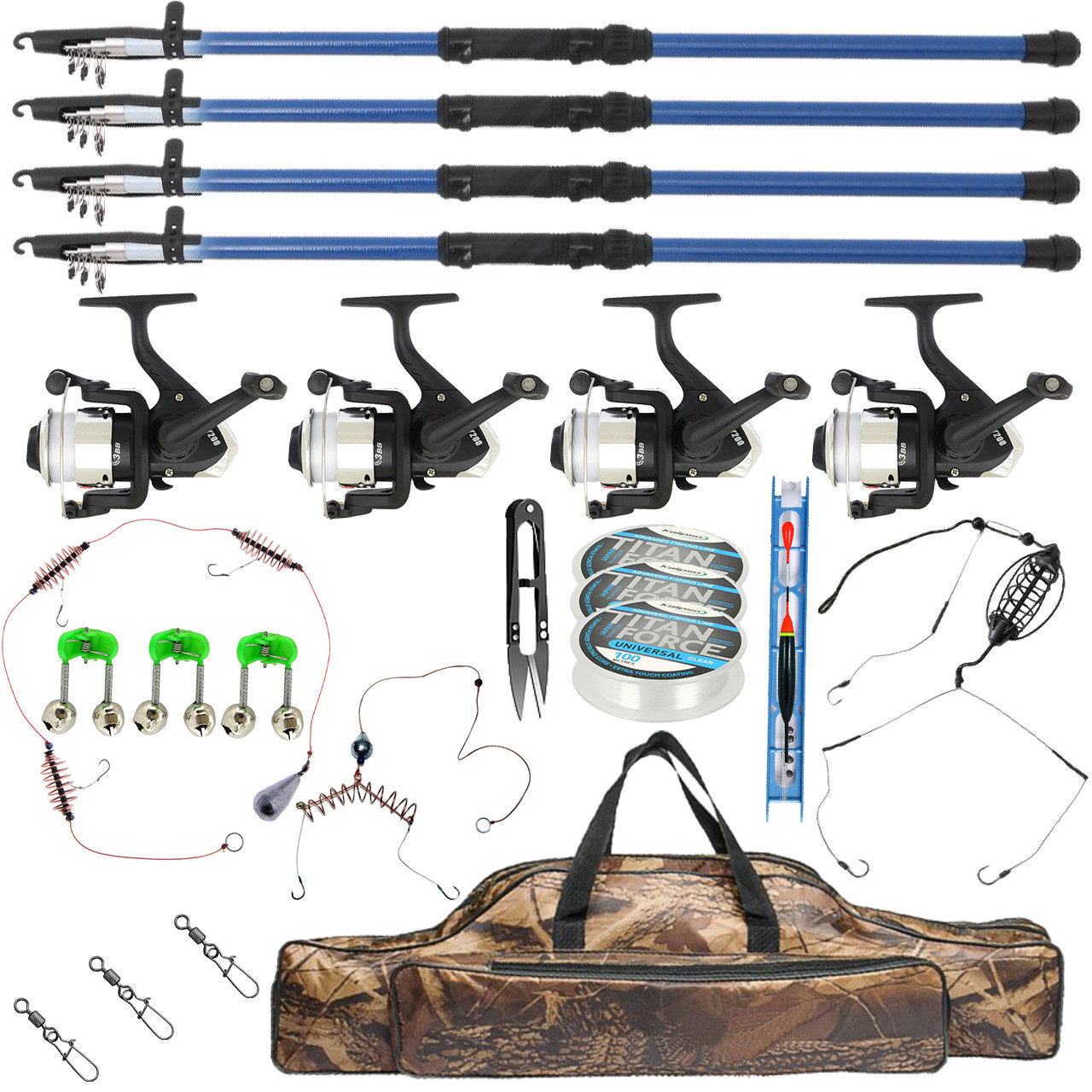 Універсальний рибальський подарунковий набір 2.4 м 4 вудки, рибальський комплект для літньої риболовлі на мирну рибу, фото 1