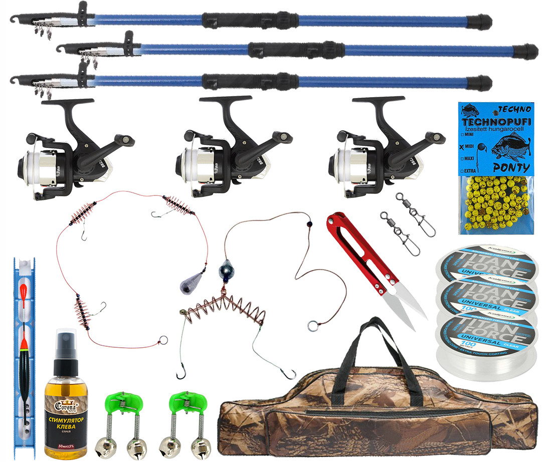 Універсальний рибальський комплект 3 вудки 2.1 м, рибальський готовий набір для лову мирної риби на подарунок, фото 1