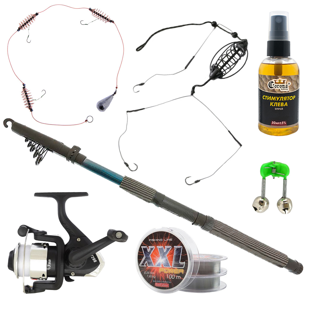 Універсальний рибальський подарунковий комплект 2.4 м, рибальський готовий літній набір на мирну рибу для риболовлі, фото 1