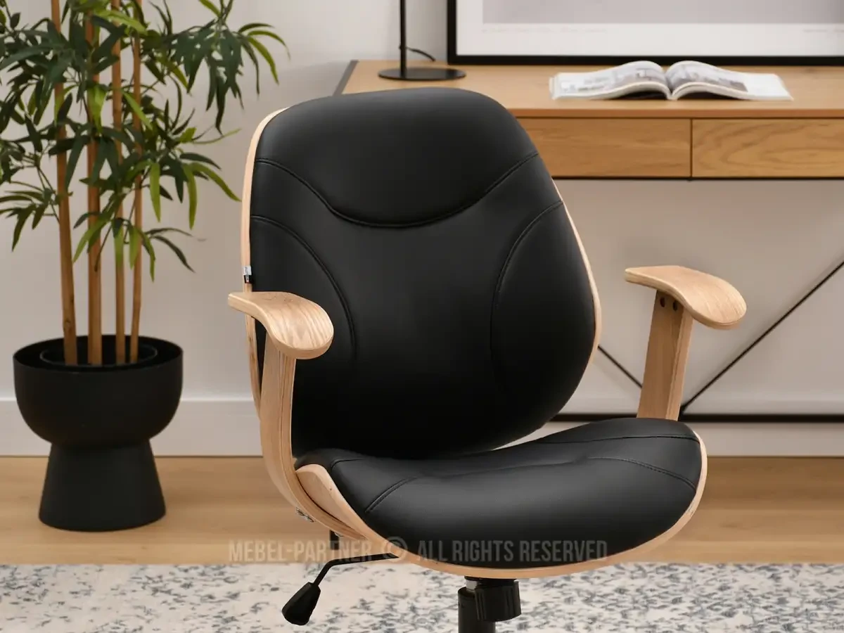 Офисный стул с деревяней дуба - черная эко кожа черная ножка - фото 7 - id-p2107606376