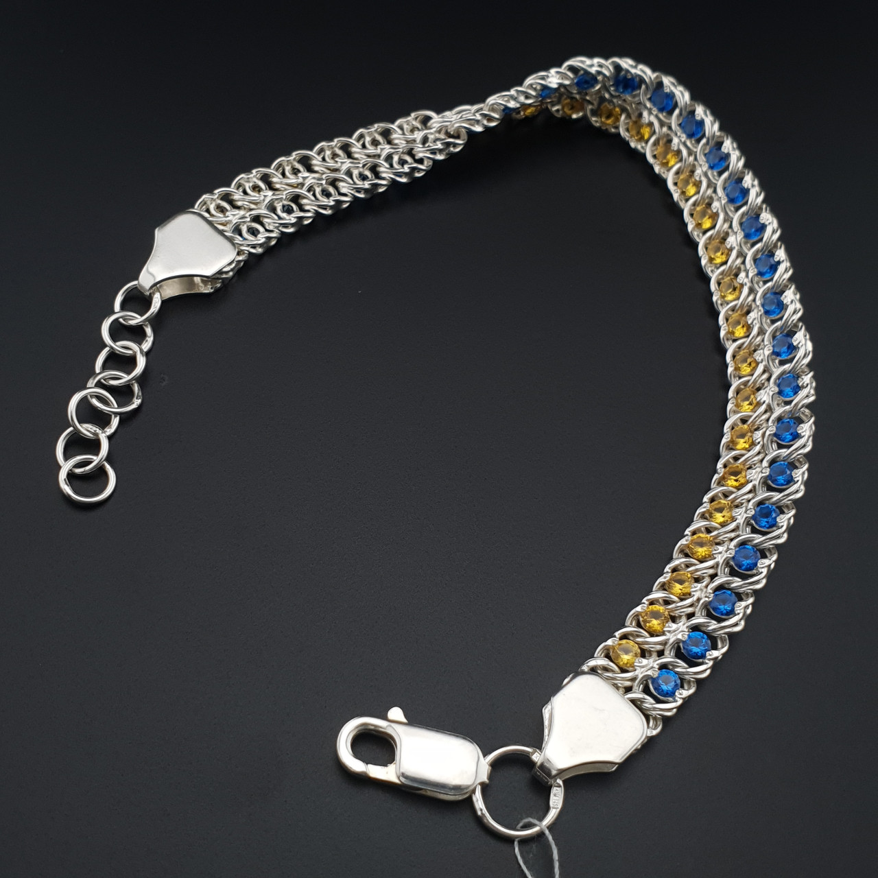 Жіночий срібний браслет подвійний арабський бісмарк з жовто - блакитними камінцями. регульований 17 - 20 см. Срібло 925, фото 1