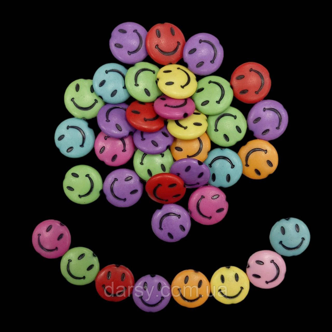 Намистини кольорові з чорними смайлами круглі 12 мм (приблизно 38 шт) 20 г, фото 1