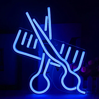 Неоновая LED вывеска ножницы с расческой для барбершопа, парикмахерской, салон красоты 36 x 24см Синий