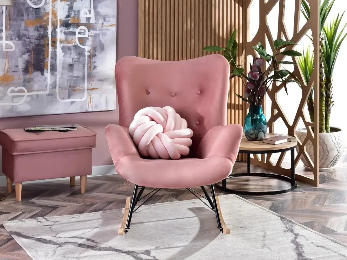 Модное кресло-качалка lauren, пастельно-розовый, обивка велюр, на полозках из бука - фото 3 - id-p2107607898