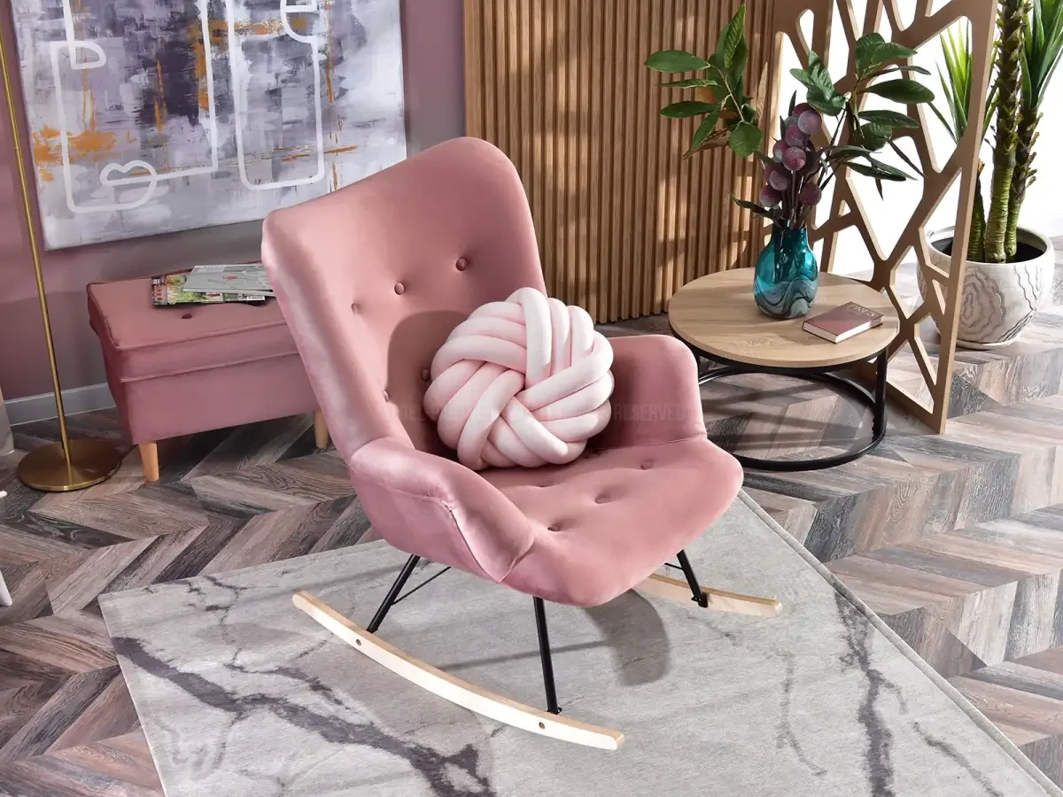 Модное кресло-качалка lauren, пастельно-розовый, обивка велюр, на полозках из бука - фото 5 - id-p2107607898