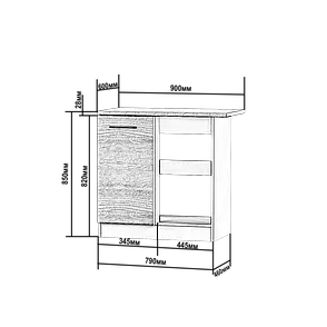Нижній кухонний модуль кутовий 90° завширшки 790 мм зі стільницею Ясень шимо темний, фото 2