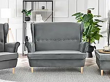 Маленький сірий диван у скандинавському стилі на букових ніжках