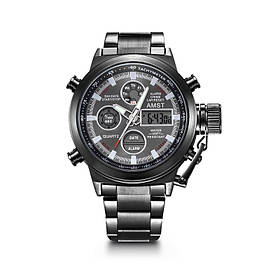 Кварцовий вологостійкий наручний годинник Amst 3003 чорний з чорним металевим ремінцем і підсвічуванням у темряві