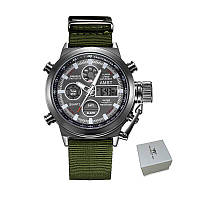 Наручний чоловічий годинник Amst 3003 black-green, чорний із зеленим нейлоновим ремінцем кварцовим, механізм Miyota