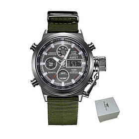 Наручний чоловічий годинник Amst 3003 black-green, чорний із зеленим нейлоновим ремінцем кварцовим, механізм Miyota