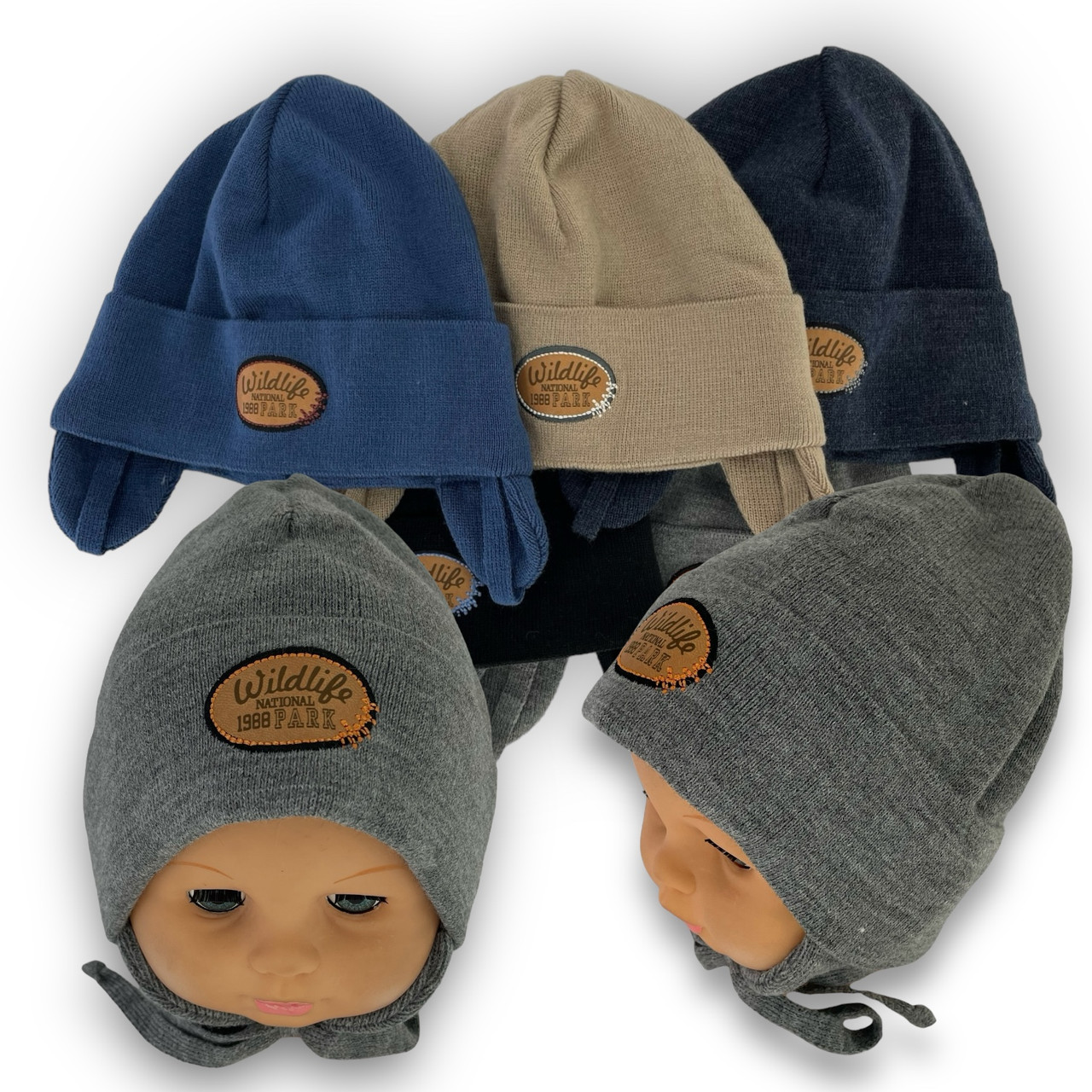 ОПТ В'язана шапка на зав'язках для хлопчика, р. 48-50 (5 шт./паковання), фото 1