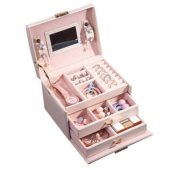 Скринька Casegrace SP-01111 Pink для прикрас і ювелірних виробів трирівнева з дзеркалом 27 шт.