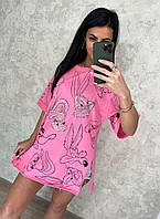 Женская коттоновая футболка свободного кроя с зайцем (розовый, черный, белый, синий, беж, зелёный) Розовый, M