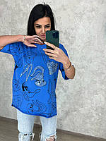 Женская коттоновая футболка свободного кроя с зайцем (розовый, черный, белый, синий, беж, зелёный) Синий, S