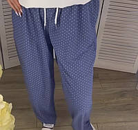 Летние синего цвета женские штаны из трикотажного льна принт мелкий горошек размеры 50, 52, 54, 56