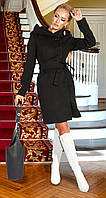 Модное черное женское пальто приталенного кроя с капюшоном. 42.44.46.48р