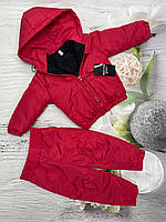 Дитяча демісезонна курточка зі штанами на флісі на дівчинку від 1 року весна/осінь Червоний Осінній костюм з курткою 80-86