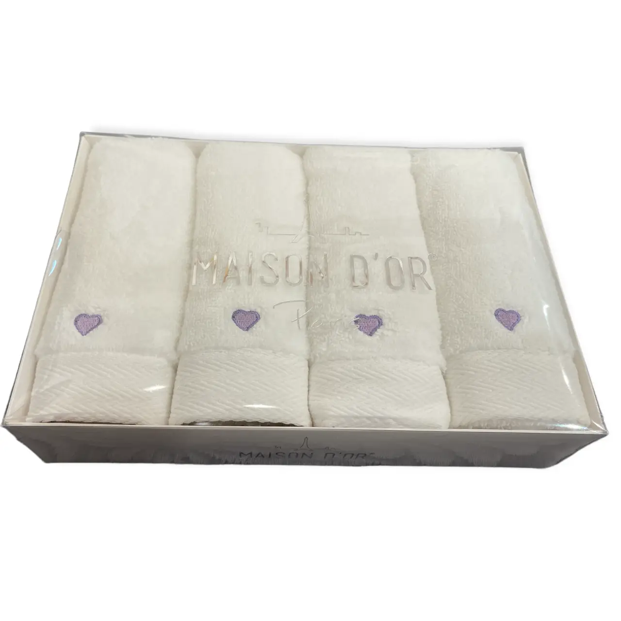 Набір турецьких кухонних рушників Maison D'or Soft Hearts White-Dark Lilac махрові 30х50см (4 шт)