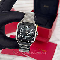 Модные наручные часы Cartier Santos Silver-Black