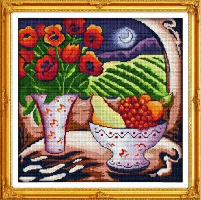 Набір для вишивання за нанесеною на канву схемою "Vase&fruit under the moon". AIDA 14CT printed 45*45 см