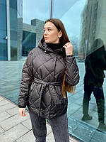 Жіноча чорна куртка на запах з поясом, коротка куртка весна