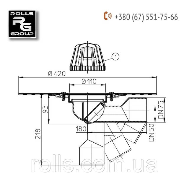 HL80.3H Дахова лійка з поворотним відведенням DN50/75, з бітумним полотном і листовловлювачем