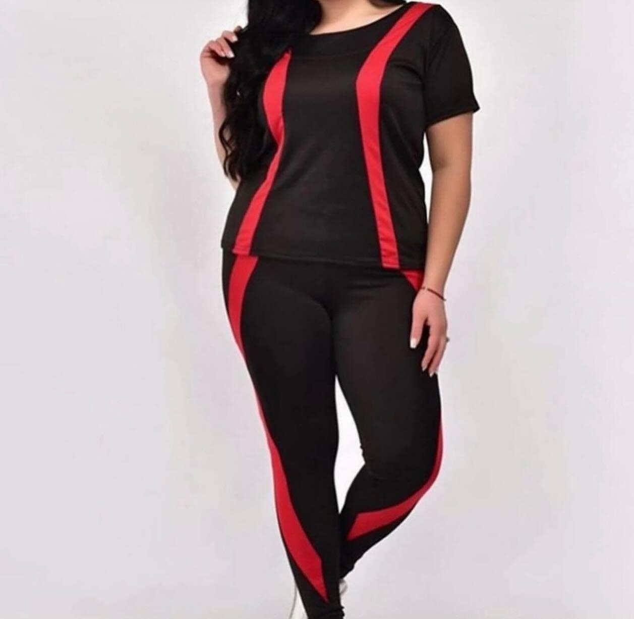 Костюм лосини та футболка для спорту та фітнесу великих розмірів мікродайвінг колір чорний з червоним