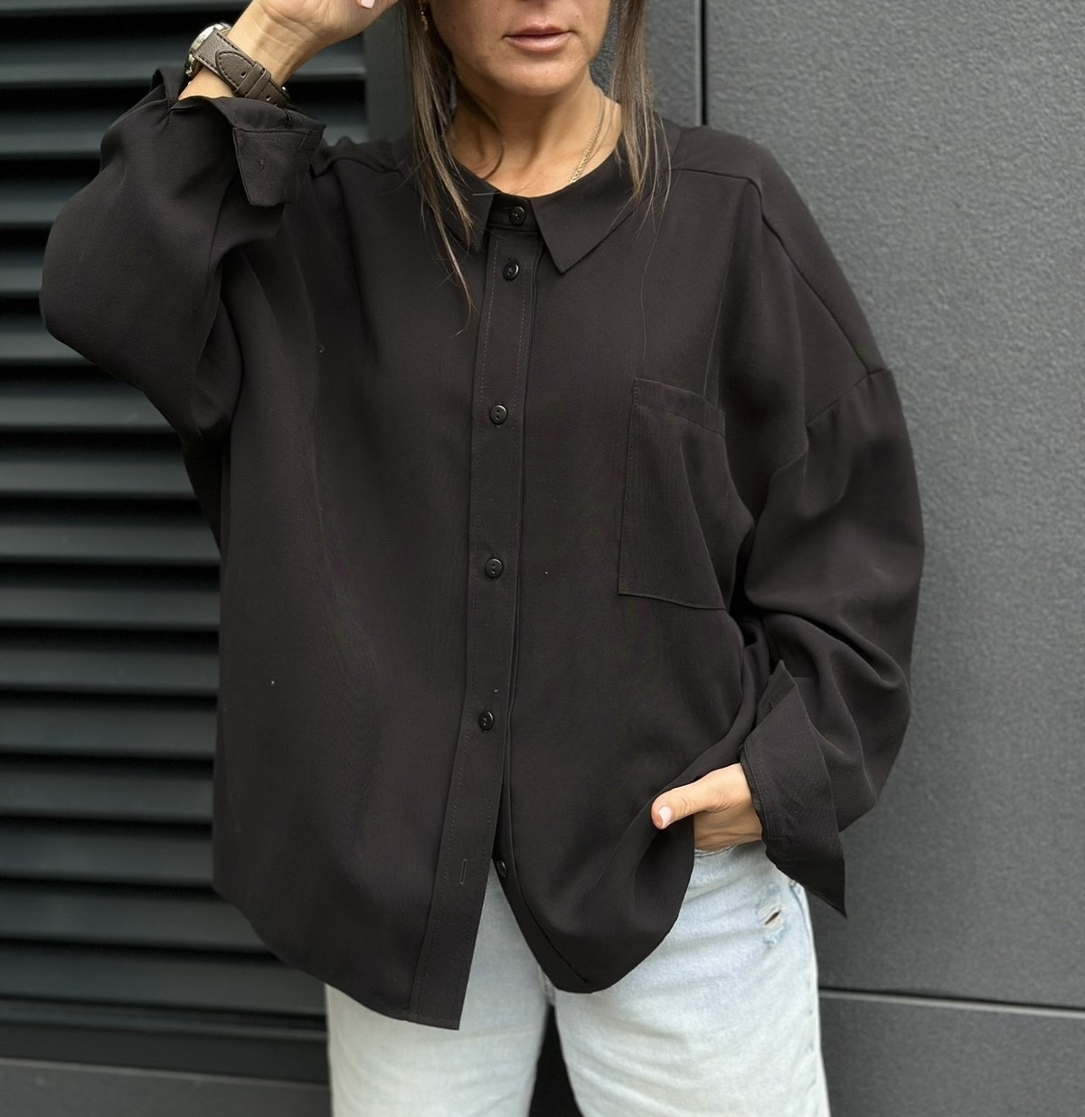 Жіноча блуза рубашка шифон чорна (oversize)