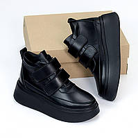 Женские демисезонные кожаные ботинки на липучках модные черные натуральная кожа 38