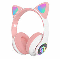 Беспроводные Bluetooth наушники с ушками Cat Ear VZV-23M/ 7805 с LED подсветкой Розовые