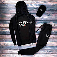 Мужской демисезонный спортивный костюм Audi чёрный, Весенний комплект Ауди 4в1 Зиппер+Штаны+Футболка и Кепка