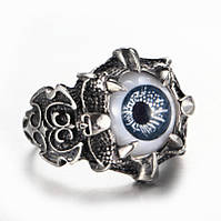 Кольцо мистический синий глаз внутри паски дракона по бокам черпепа и красивые готические узоры, размер 19