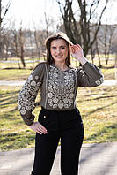 Украинская женская вышиванка цвета хаки с белой классической вышивкой, Блуза вышиванка Этно стиль, XL
