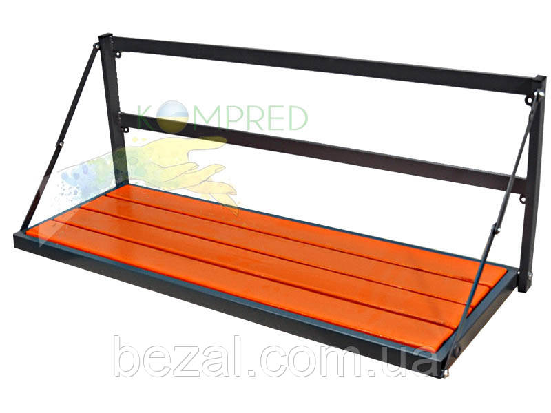 Лавка для укриттів зі спинкою підвісна настінна 1000х450х500мм (на шарнірах, сидіння-помаранч. брус) чорний Komped OL714/4.1, фото 1