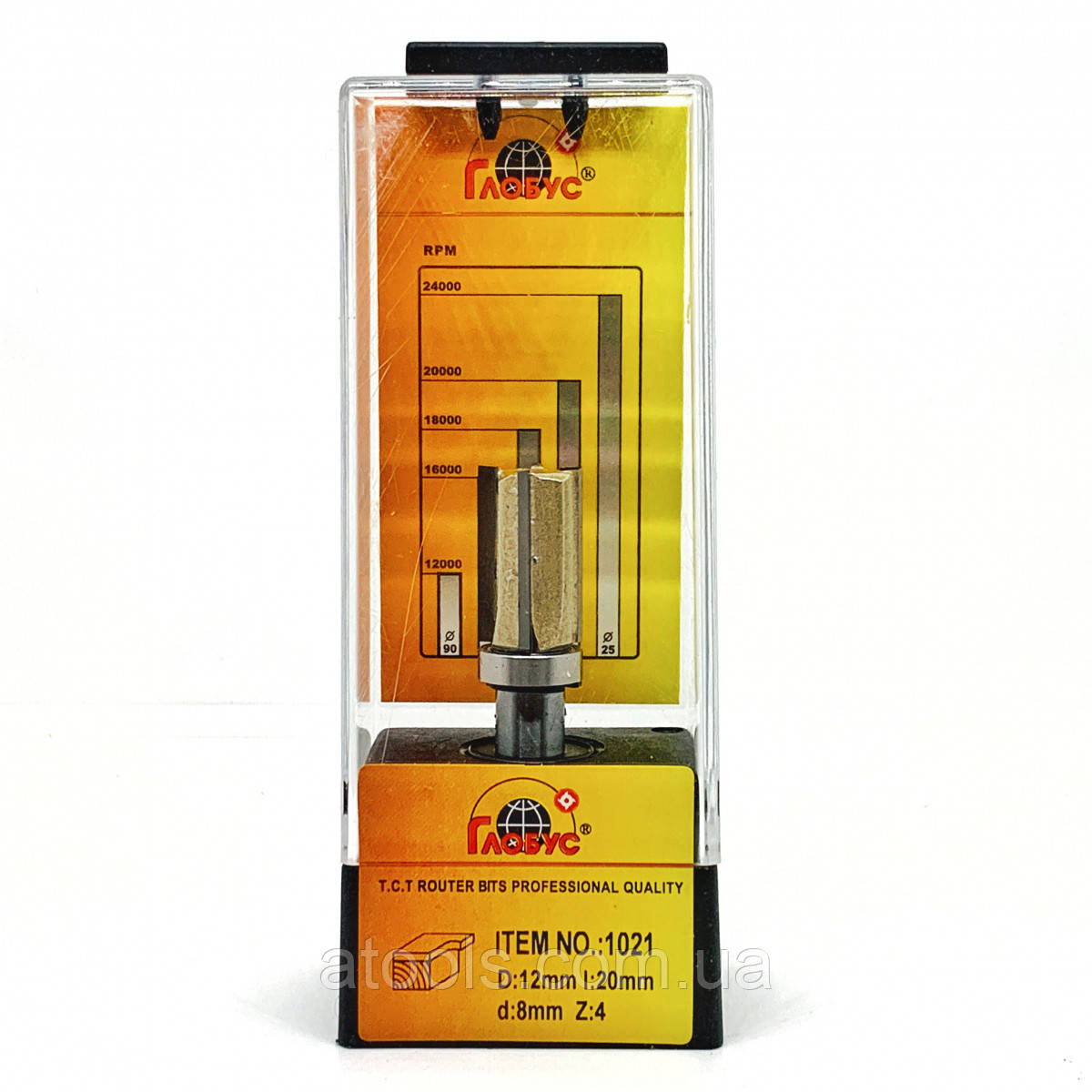 Фреза кромкова пряма Глобус 1021 D12 d8 L55 h20 z4 з верхнім підшипником