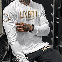 Реглан мужской спортивный лонгслив футболка с рукавами "Live Fit" белая