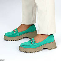 Удобные женские замшевые зелёные лоферы на каблуке Весенне осенние туфли Натуральная замша Весна Осень