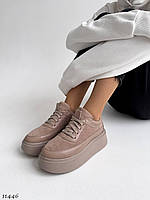 Premium! Женские кожаные замшевые бежевые кеды на платформе танкетке весенние кроссовки Натуральная кожа замша