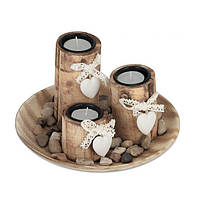 Набор декоративных подсвечников для чайных свечей на круглом подносе, МДФ/камень/древесина, 3 держателя, 13 x